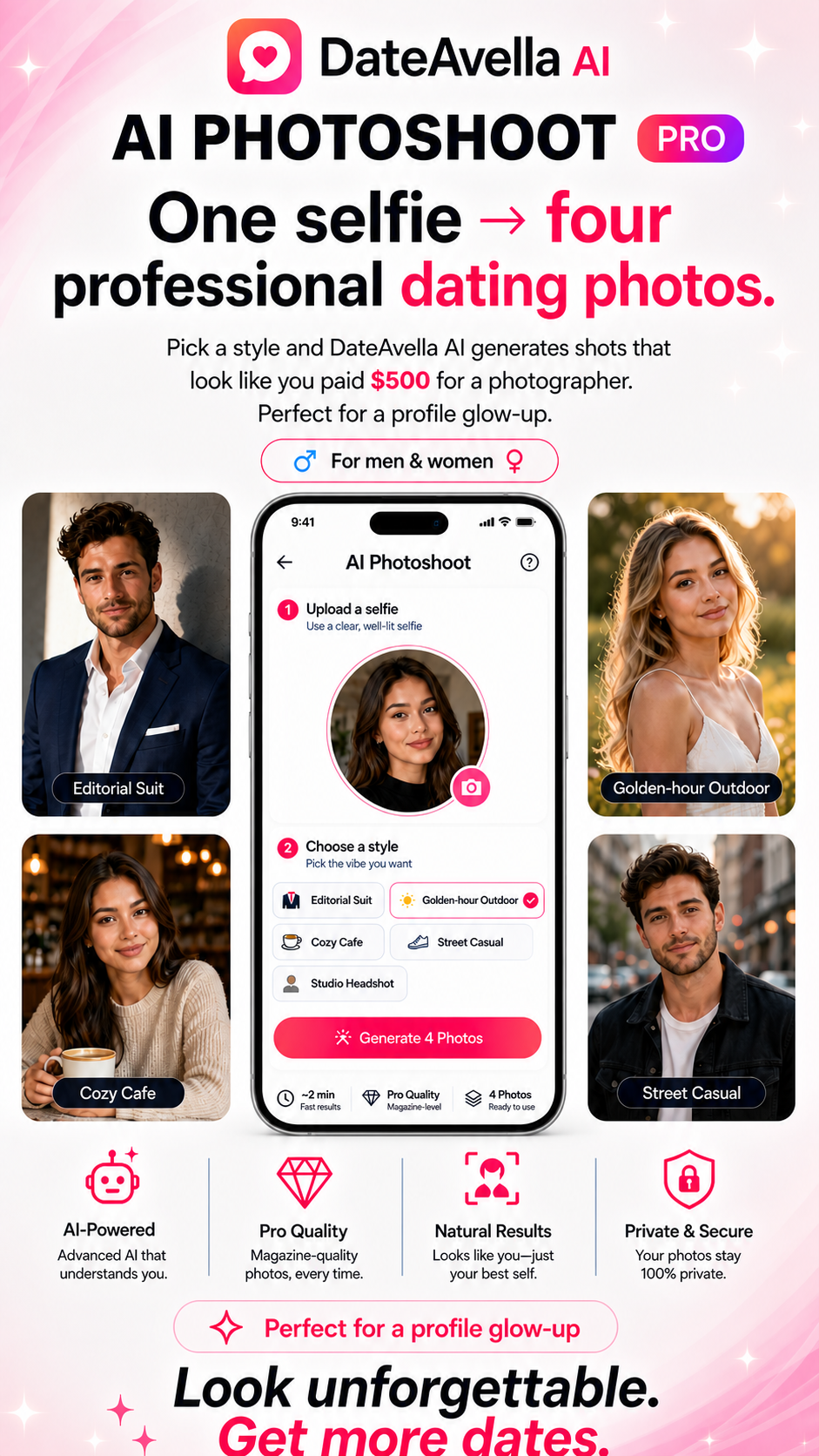 AI Photoshoot Pro — four professional dating photos from one selfie