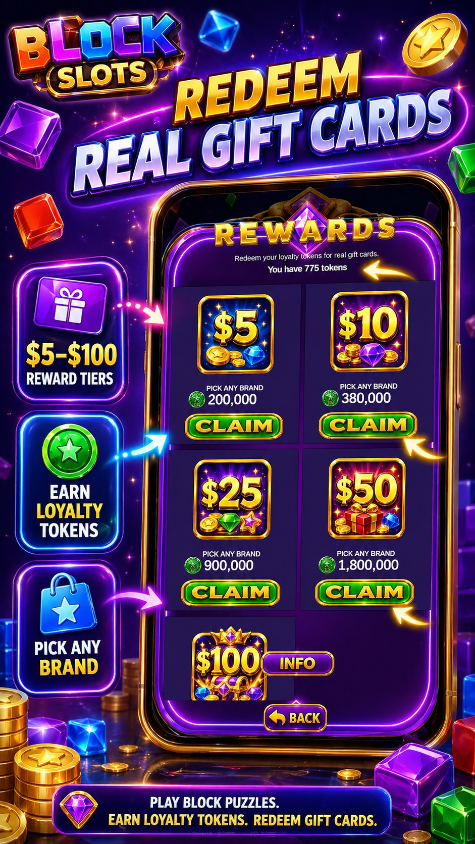 Redeem real gift cards. $5 to $100 reward tiers. Earn loyalty tokens. Pick any brand.