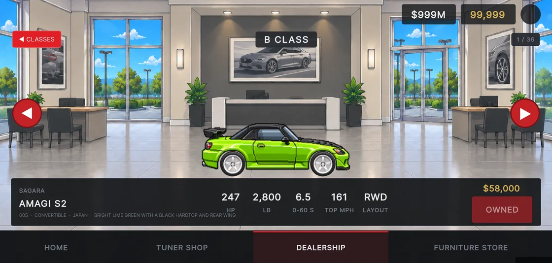 Dealership showroom with a car for sale