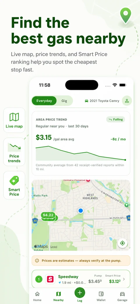 Live map of nearby gas with price pins and your GPS location