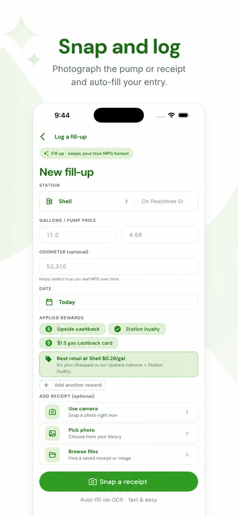 Snap a receipt to log a fill-up and auto-fill MPG