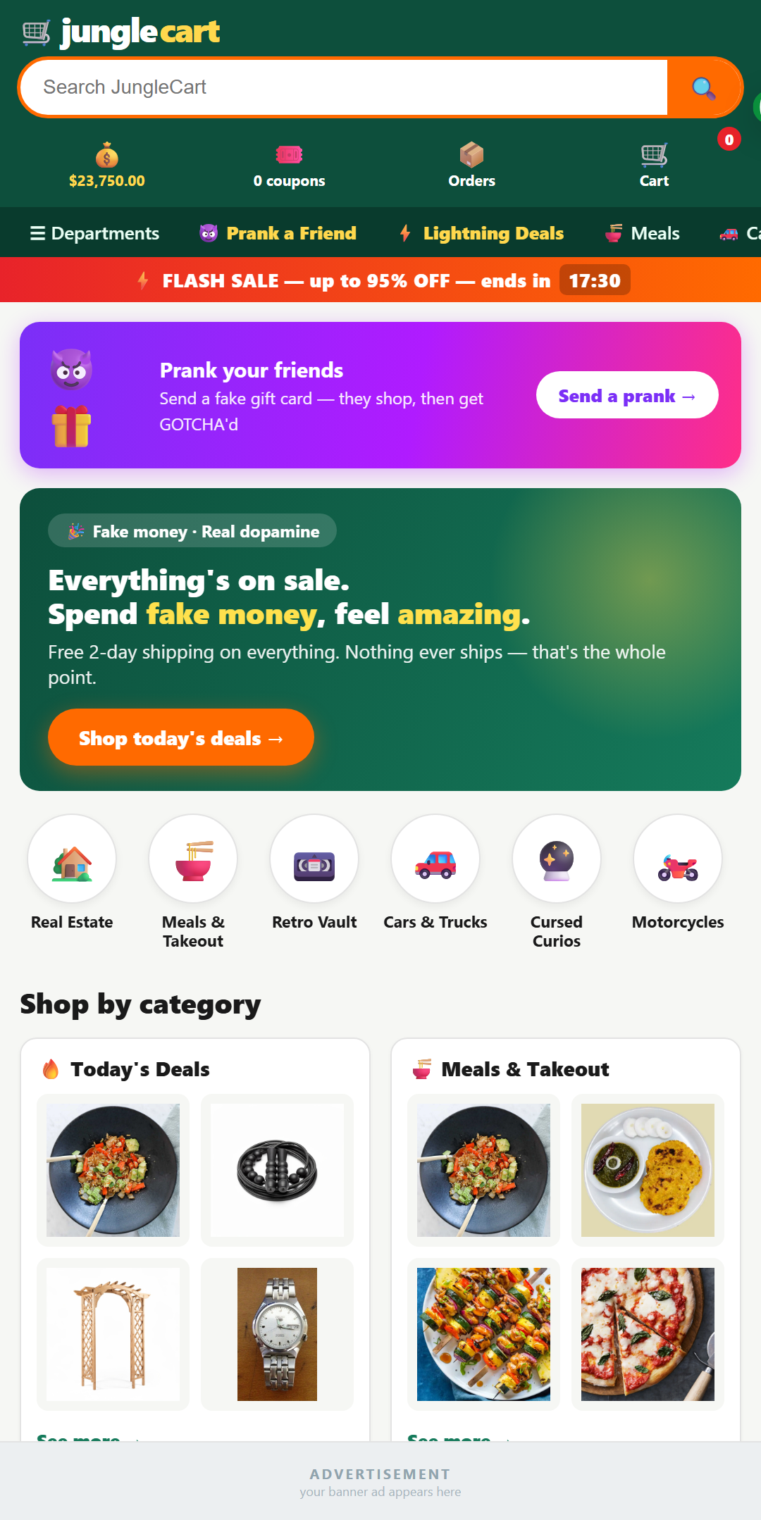 JungleCart home feed with categories and flash deals
