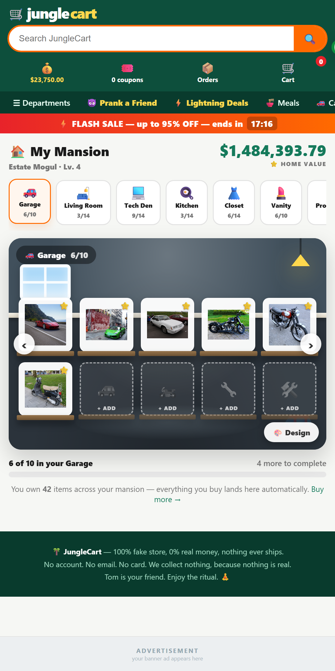 My Mansion — designable rooms with your fake purchases on display