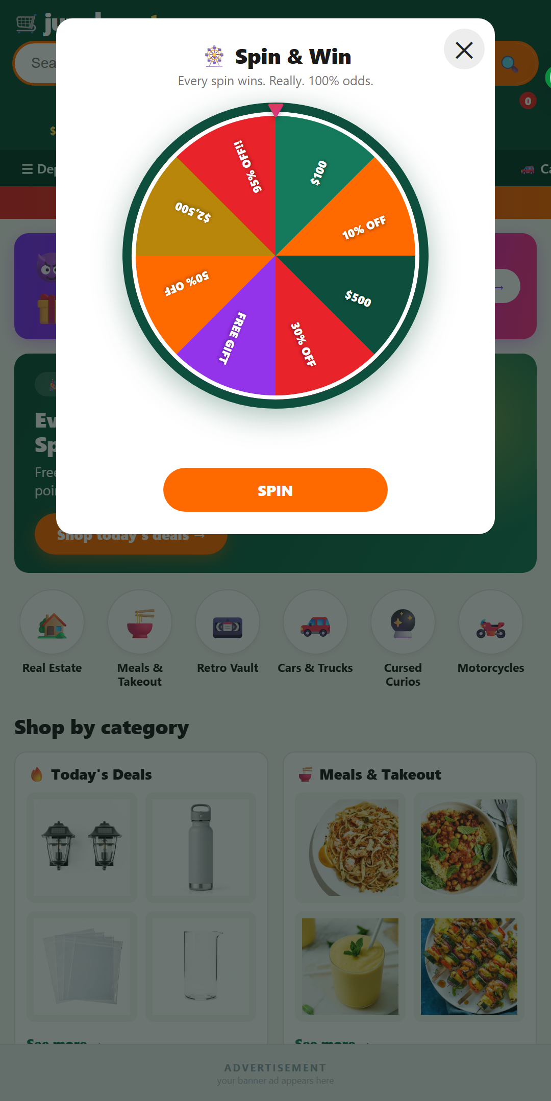 Spin & Win wheel — you won $100 fake cash