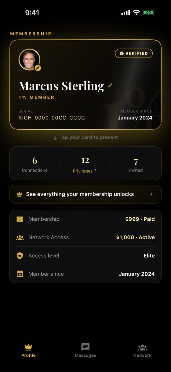 The 1% app — engraved serialized membership card